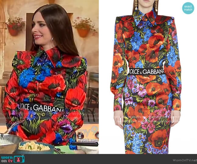 Dolce & Gabbana Floral-Print Strong-Shoulder Satin Shirt worn by Nadia Caterina Munno on Sherri