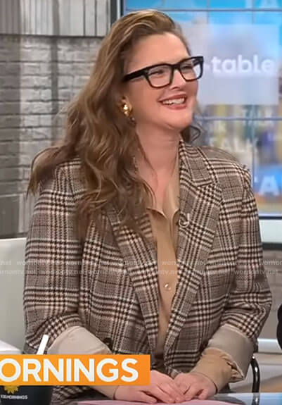 Drew Barrymore brown plaid blazer on CBS Mornings