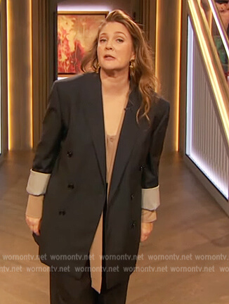 Drew’s pinstripe blazer and tie neck blouse on The Drew Barrymore Show