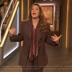 Drew’s burgundy suit and printed blouse on The Drew Barrymore Show