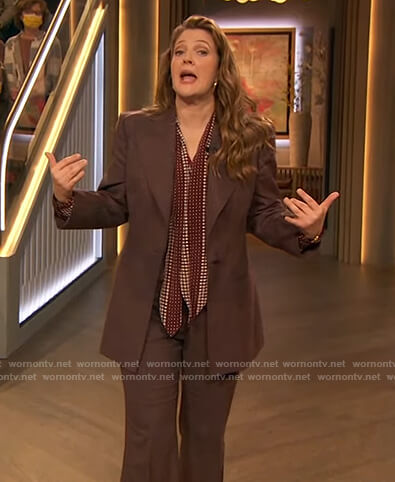 Drew’s burgundy suit and printed blouse on The Drew Barrymore Show
