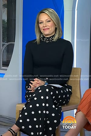 Dylan's black pearl embellished sweater and polka dot pants on Today