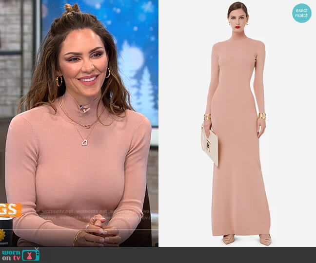 Elisabetta Franchi Red Carpet dress in viscose fabric with wide open neckline on the back worn by Katharine Mcphee on CBS Mornings