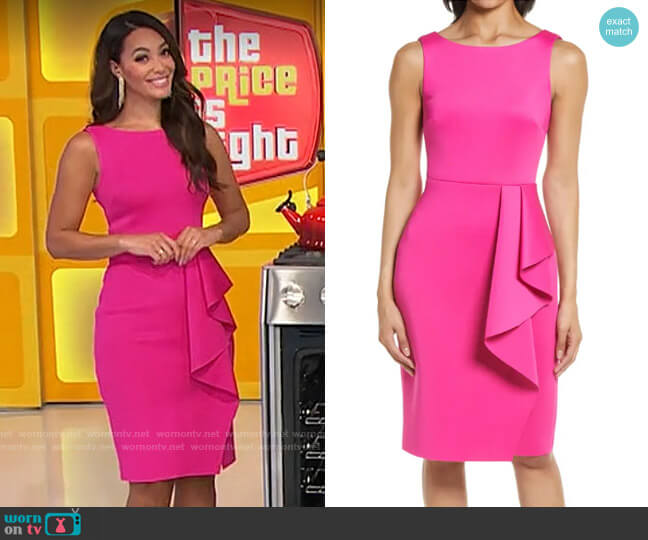 Eliza J Sleeveless Ruffle Sheath Dress in Hot Pink worn by Alexis Gaube on The Price is Right