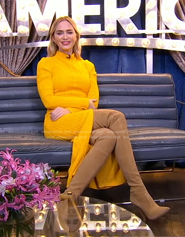 Emily's yellow ribbed dress and boots on Good Morning America