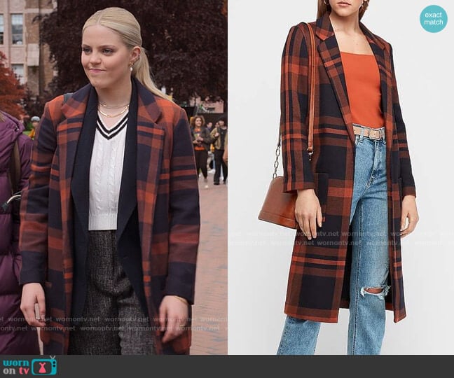 Express Long Plaid Car Coat worn by Leighton Murray (Reneé Rapp) on The Sex Lives of College Girls