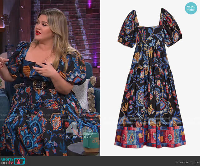 Farmrio Sunset Tapestry Puff-Sleeve Maxi Dress worn by Kelly Clarkson on The Kelly Clarkson Show