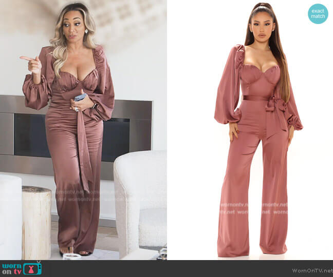 Fashion Nova Venice Satin Jumpsuit in Mauve worn by Karen Huger on The Real Housewives of Potomac