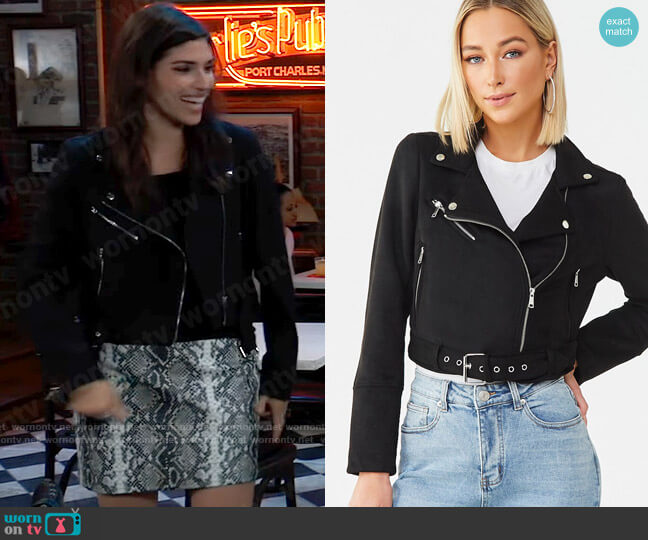 Forever 21 Belted Faux Suede Moto Jacket worn by Brook Lynn Quartermaine (Amanda Setton) on General Hospital