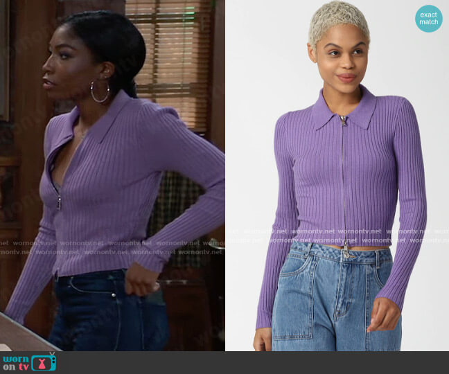 Forever 21 Ribbed Zip-Up Sweater worn by Trina Robinson (Tabyana Ali) on General Hospital