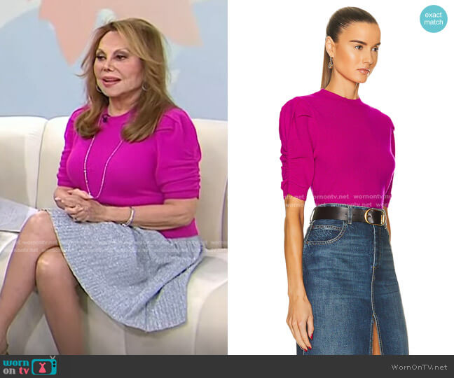 Frame Ruched Sleeve Recycled Cashmere Blend Sweater in Magenta worn by Marlo Thomas on Today