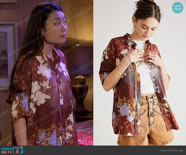 Free People Share Good Vibes Buttondown in Brown Combo worn by Wendy Shin (Victoria Grace) on Days of our Lives