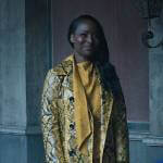 Gabrielle’s yellow snake leather coat and paisley blouse on Wednesday