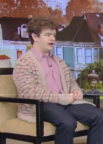 Gaten’s beige knit cardigan on Live with Kelly and Ryan