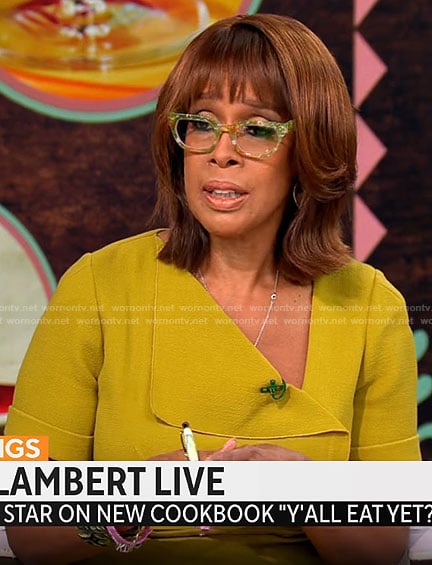 Gayle King's chartreuse folded dress on CBS Mornings