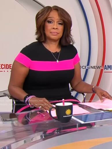 Gayle King’s black and pink stripe dress on CBS Mornings