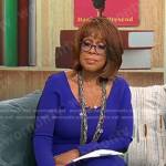 Gayle King’s purple long sleeved dress with black back on CBS Mornings
