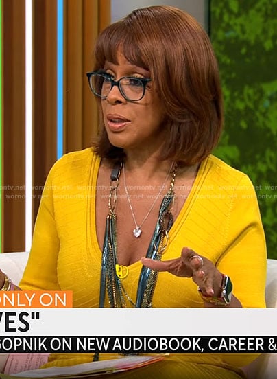 Gayle's yellow ribbed v-neck dress on CBS Mornings