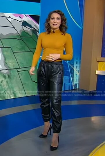 Ginger's mustard turtleneck top and leather pants on Good Morning America