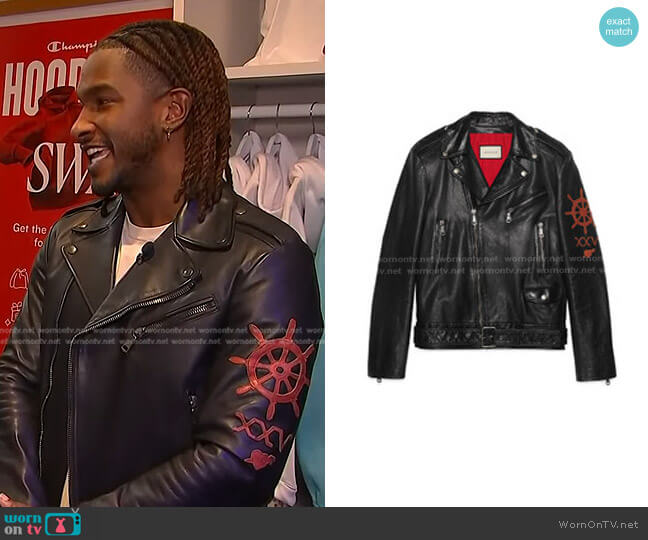 Gucci Embroidered Patch Leather Biker Jacket worn by Scott Evans on Access Hollywood