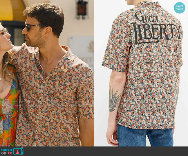 Gucci Liberty floral bowling shirt worn by Cameron Sullivan (Theo James) on The White Lotus