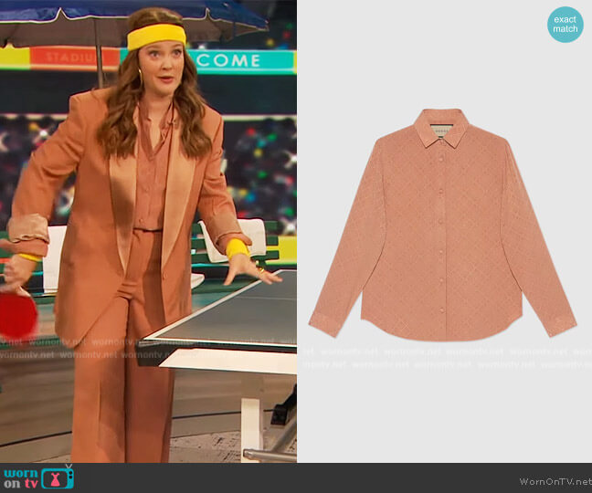 Gucci Check GG silk crepe shirt worn by Drew Barrymore on The Drew Barrymore Show
