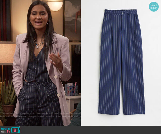 H&M Dress Pants in Dark Blue / Striped worn by Bela Malhotra (Amrit Kaur) on The Sex Lives of College Girls