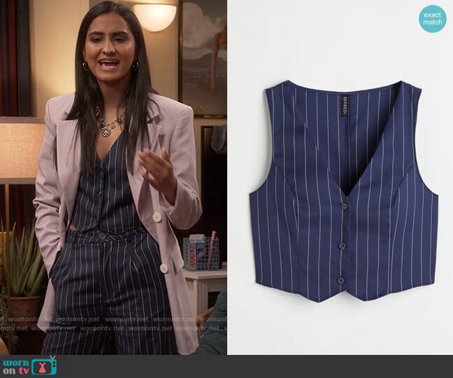 H&M Suit Vest in Dark Blue / Striped worn by Bela Malhotra (Amrit Kaur) on The Sex Lives of College Girls