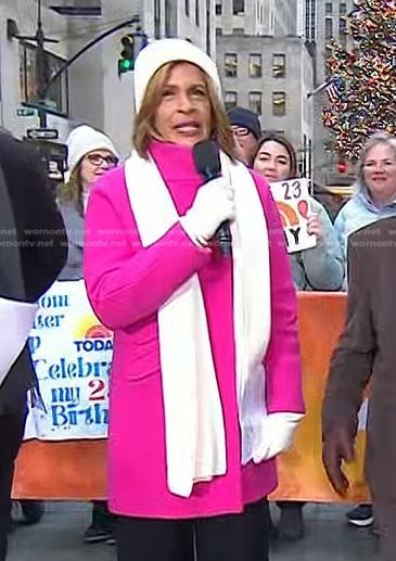 Hoda’s pink zip front coat on Today