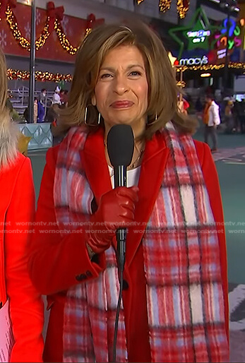 Hoda’s red coat and plaid scarf on Today