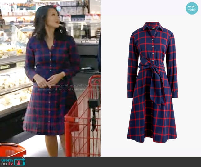 J. Crew Factory Tie-waist flannel shirtdress worn by Nancy Chen on CBS Mornings