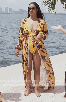 Jaqueline’s yellow cutout swimsuit and printed coverup on The Real Housewives of Potomac