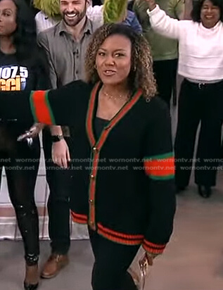 Janai's black stripe-trim cardigan on Good Morning America