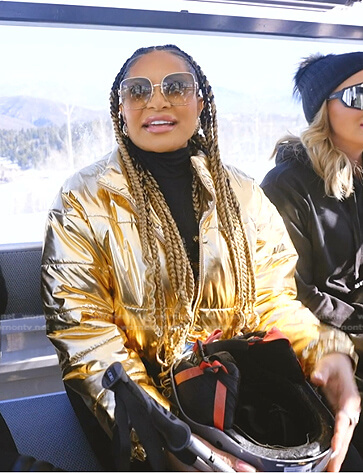 Jen’s gold cropped puffer jacket and sunglasses on The Real Housewives of Salt Lake City
