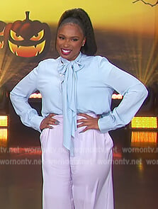 Jennifer's lavender pants and tie neck blouse on The Jennifer Hudson Show