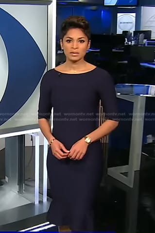 Jericka’s navy ruffle hem dress on CBS Evening News