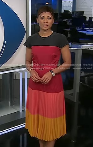 Jericka’s colorblock pleated dress on CBS Evening News