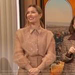 Jessica Biel’s pink sheer embellished blouse on The Drew Barrymore Show