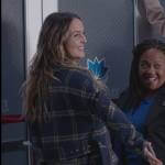 Jo’s navy plaid belted coat on Greys Anatomy