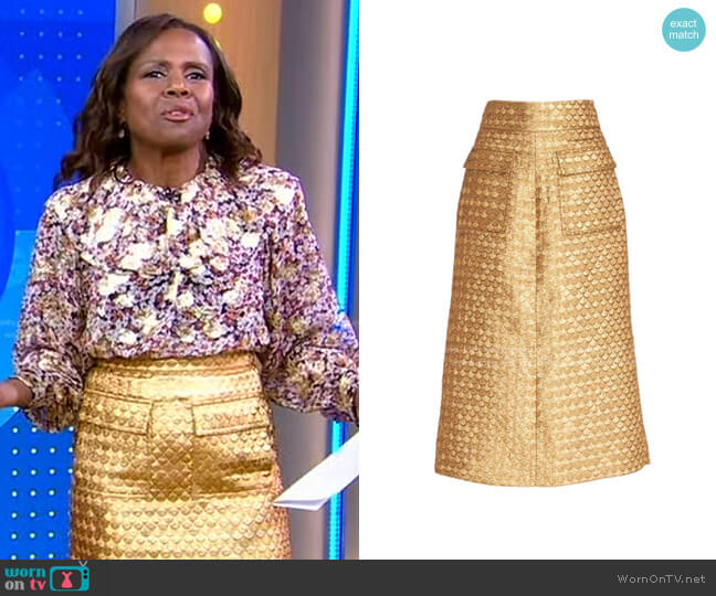 Johanna Ortiz Salida Del Sol Lurex Jacquard Midi Skirt In Gold worn by Deborah Roberts on Good Morning America