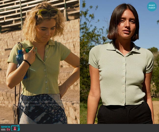 John Galt Caroline Knit Top in Sage worn by Portia (Haley Lu Richardson) on The White Lotus