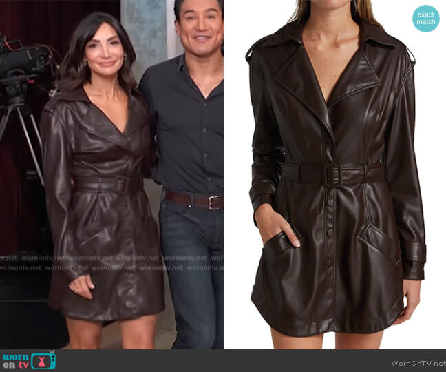 Jonathan Simkhai Chandler Vegan Leather Trench Mini Dress worn by Courtney Mazza Lopez on Access Hollywood