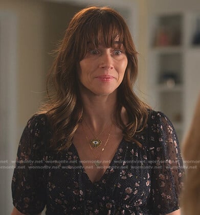 Judy's navy floral chiffon dress on Dead to Me