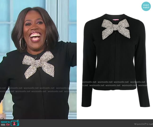 Kate Spade Crystal Bow Embellished Wool Cardigan worn by Sheryl Underwood on The Talk