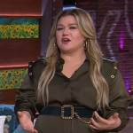 Kelly’s green satin grommet embellished dress on The Kelly Clarkson Show