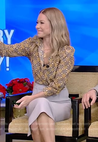 Kelly’s yellow geometric print blouse on Live with Kelly and Ryan