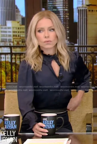 Kelly’s navy ruffle blouse and pencil skirt on Live with Kelly and Ryan