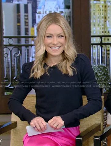Kelly's navy puff sleeve sweater on Live with Kelly and Ryan