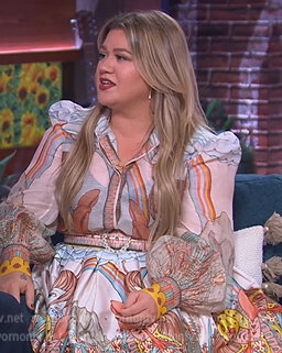 Kelly’s print blouse and mini skirt on The Kelly Clarkson Show