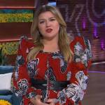 Kelly’s red puff sleeve butterfly print dress on The Kelly Clarkson Show